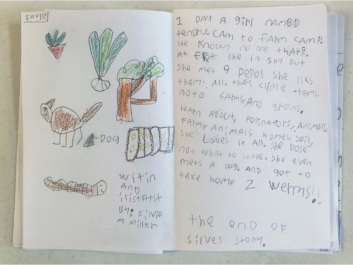 A child's drawing about learning on a farm.