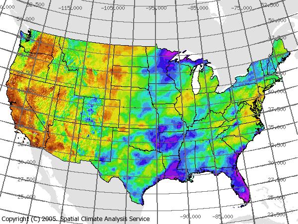 Figure 2. PRISM provides climate data for every 2.5 by 2.5 mile grid covering the U.S. Figure courtesy of PRIMS Group, Oregon State University