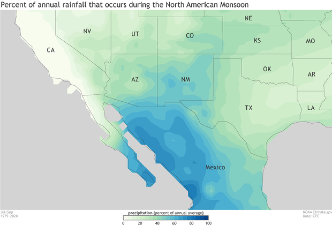 Percent of annual rainfall that occurs during the North American Monsoon