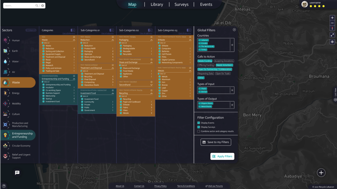 Wireframe mock-up of Regenerate Hub filtration page overlayed onto the main map