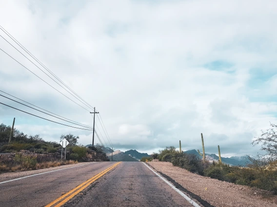 Electric power lines along a road in Arizona