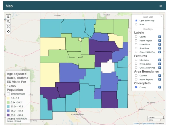 Screenshot of Map of NM Asthma ED Visit Age-adjusted Rates Per 10,000 Population