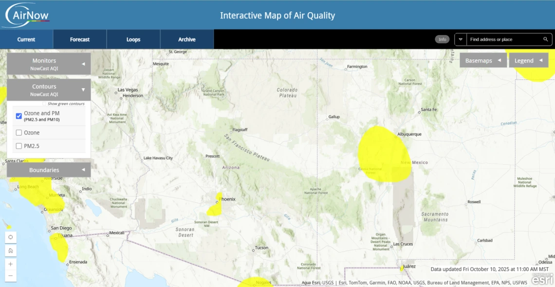 Screen Shot of the AirNow Air Quality Interactive Map of Arizona and New Mexico