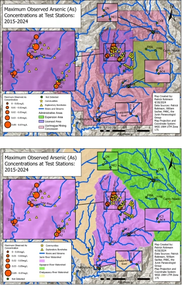 Figures 1 and 2: Maps illustrating the maximum arsenic concentration observed at each test station in the study area. These maps clearly suggest an association between exploratory drilling and elevated arsenic concentrations.
