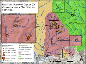Figure 3: A map showing the maximum copper concentration observed at each test station in the study area. Once again, the highest concentrations were observed near exploratory boreholes.