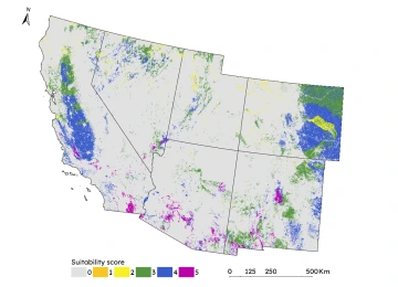 A map of agrivoltaic suitability in the American southwest, where a higher score indicates higher suitability for agrivoltaics